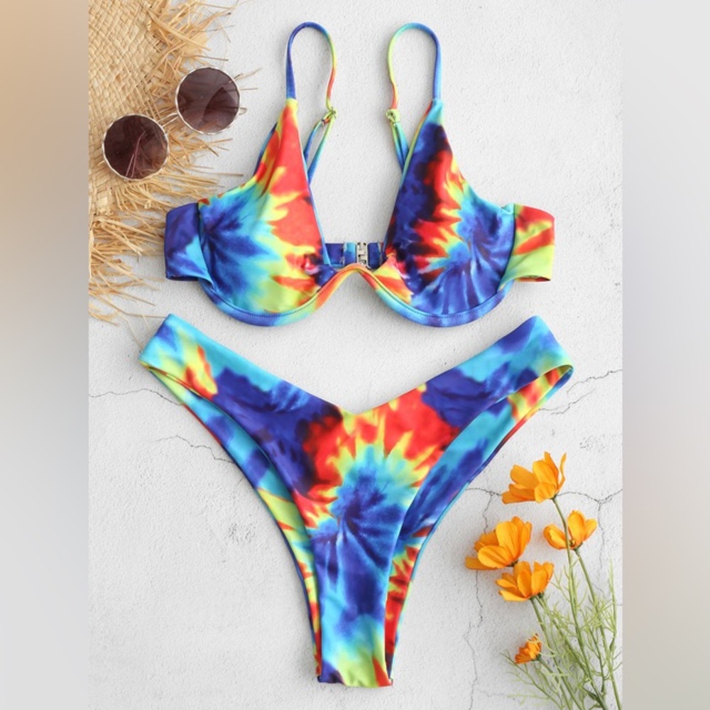 Zaful Rainbow tie dye Push up Underwire Bikini Set High Leg Bottom Triangle Top